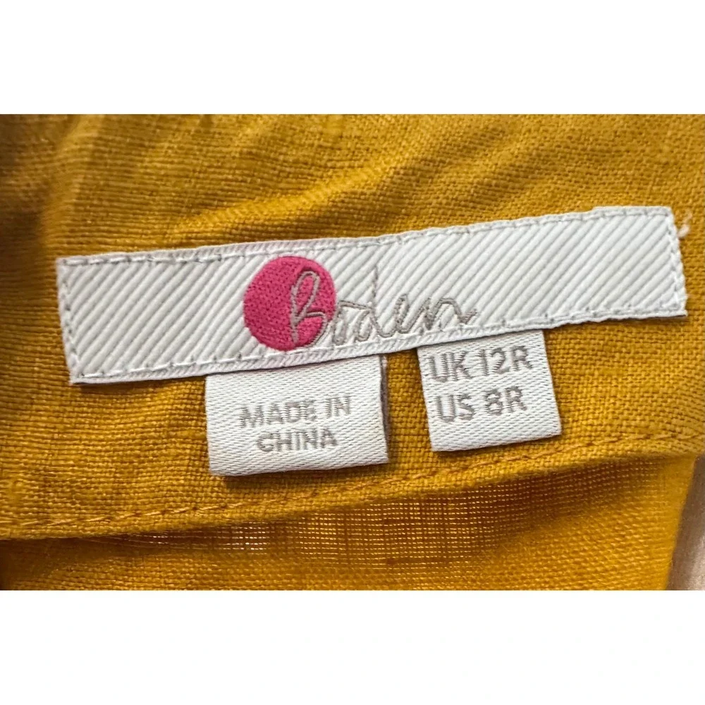 Boden Laura Linen Embroidered Mustard Yellow Linen Shift Dress US 8R